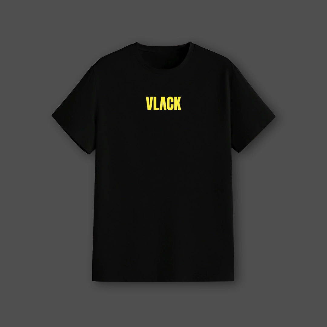 Regular fit Vlack black streetwear t shirt with yellow Vlack chest logo on plain black tee
