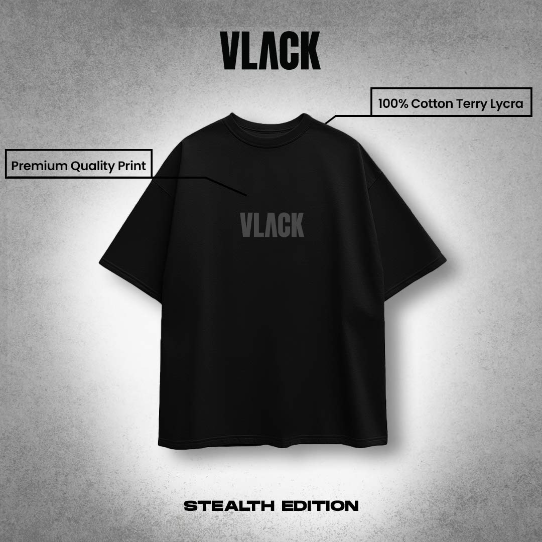Vlack oversized black t-shirt streetwear with center logo premium print 100 percent cotton terry lycra relaxed fit