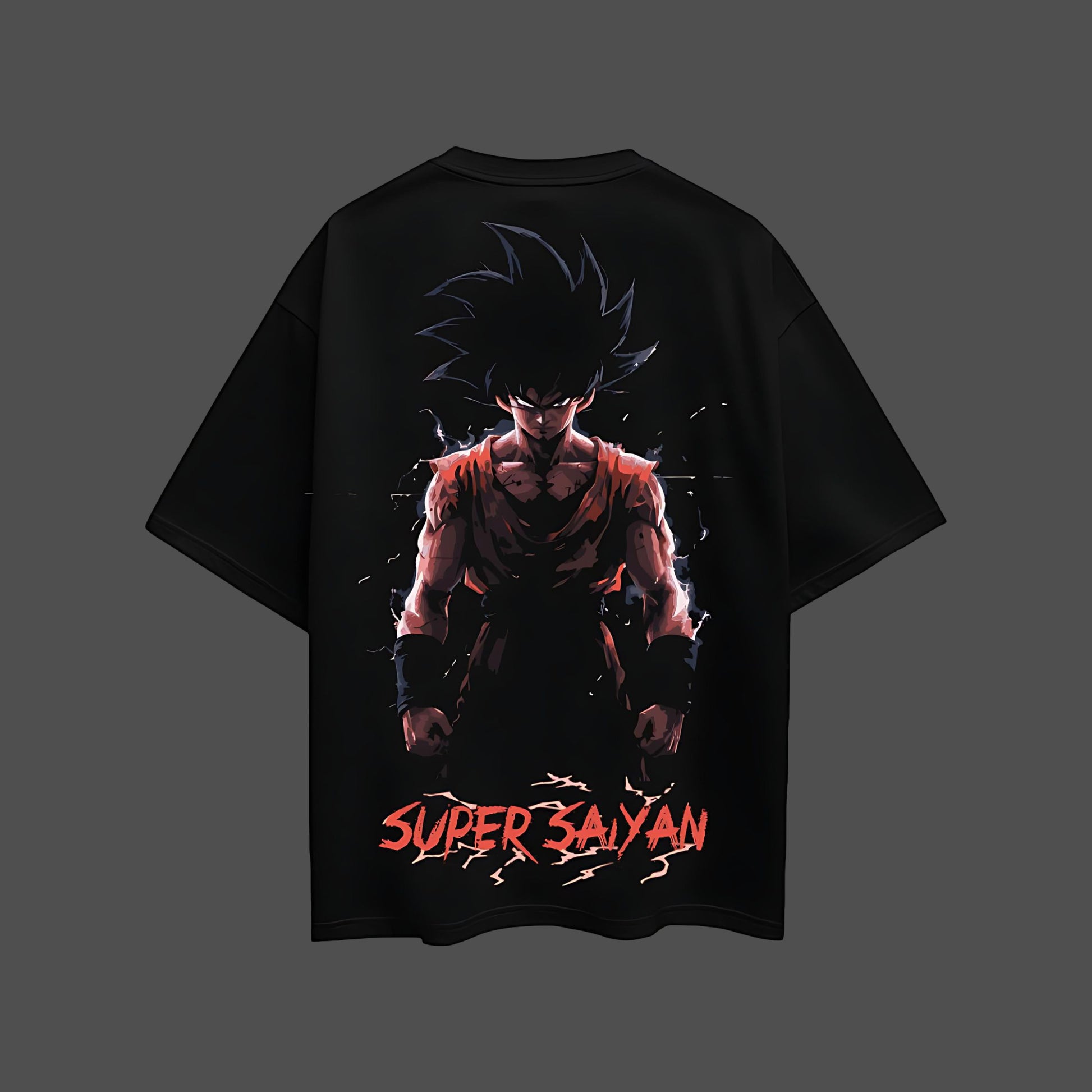 Vlack black tee with bold back print of powerful anime warrior silhouette Super Saiyan black oversized t-shirt.
