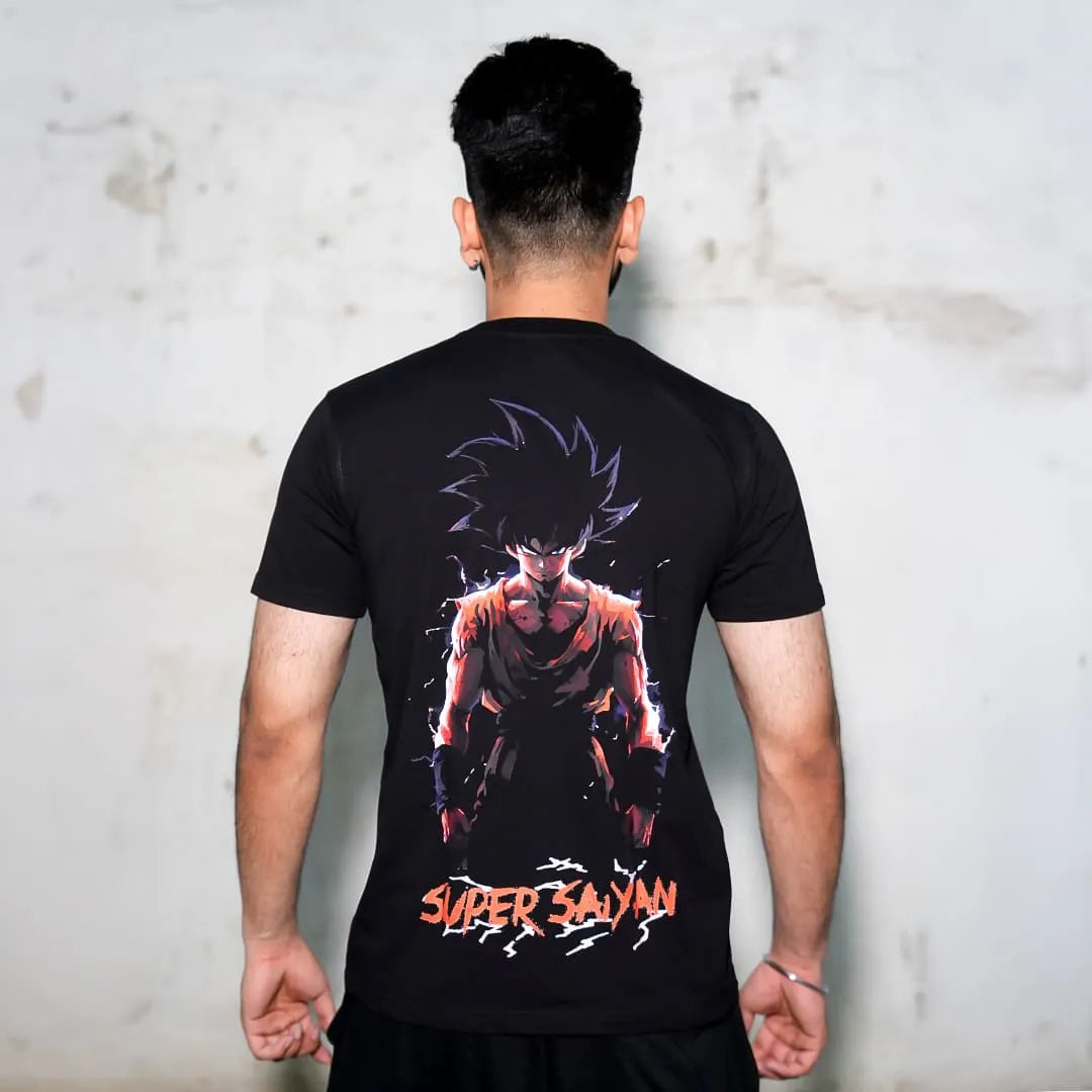 Vlack Regular Fit Super Saiyan black t-shirt back view with bold anime graphic on a male model for casual wear