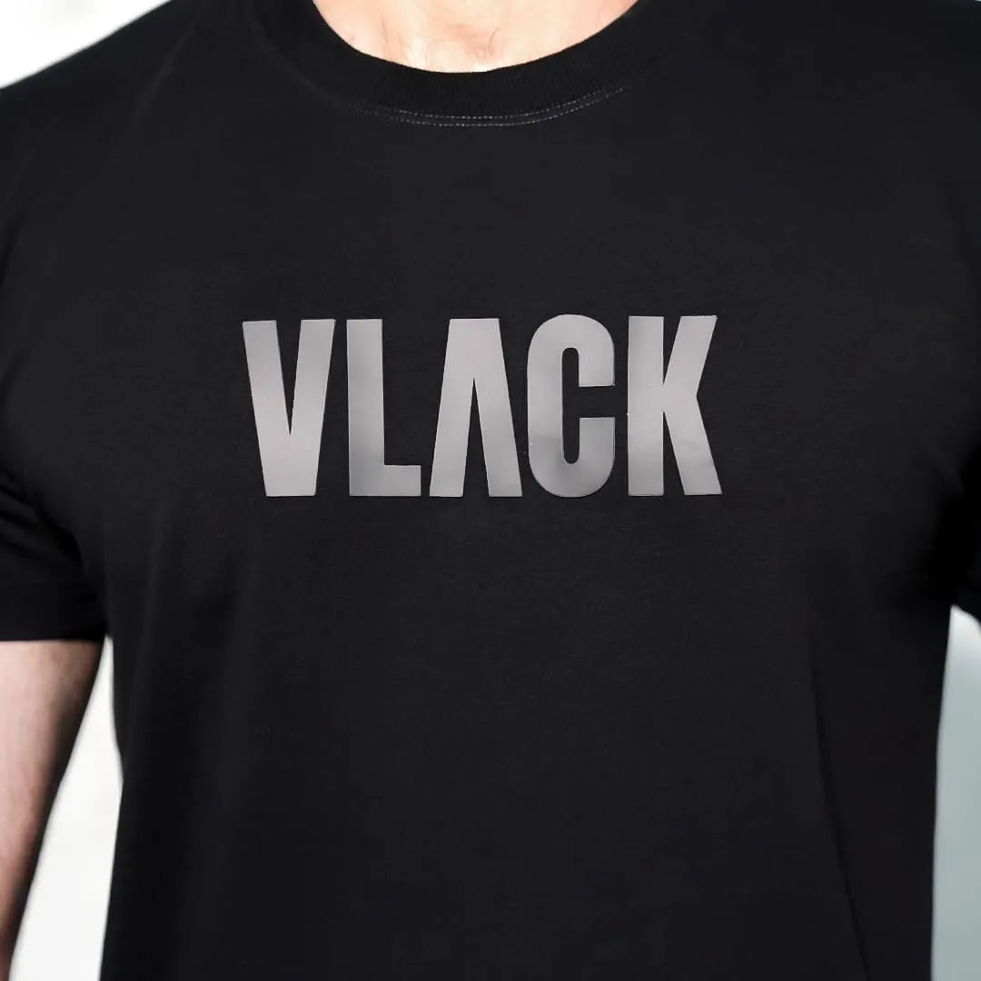 Super Saiyan black t-shirt Vlack regular fit crew neck with large VLACK gray logo on chest