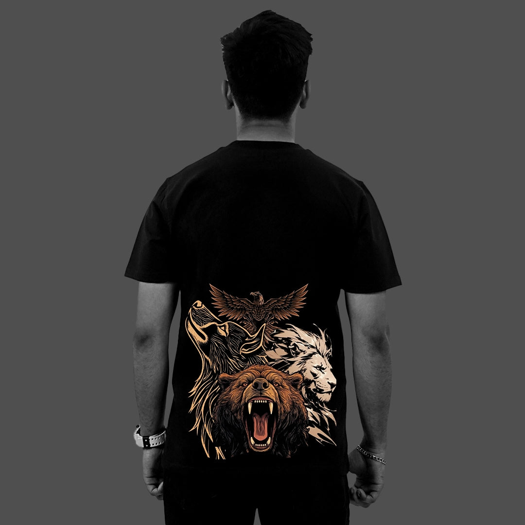 Vlack regular fit black streetwear t shirt back view with roaring bear eagle and lion graphic