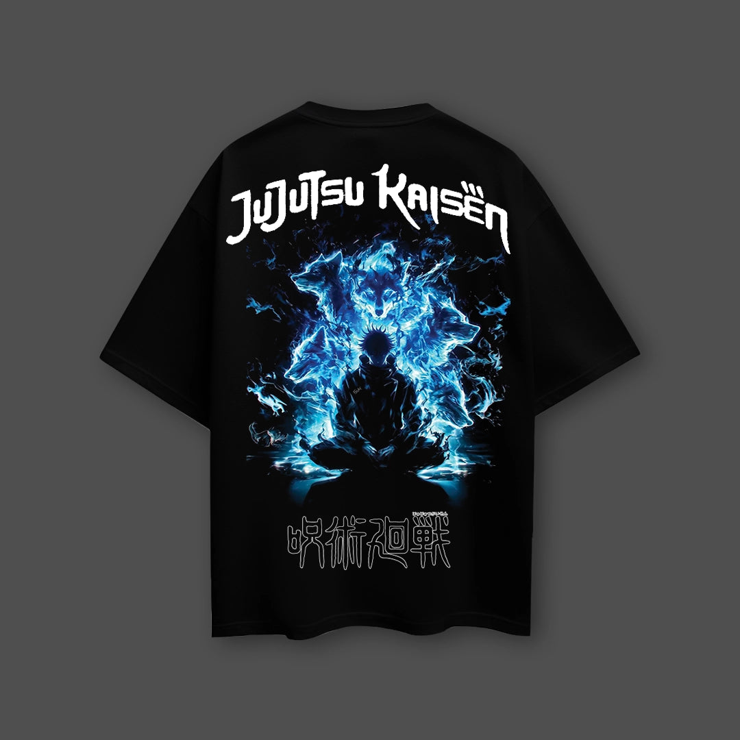 Jujutsu Kaisen black oversized t-shirt showing large back print of anime silhouette with blue flame aura