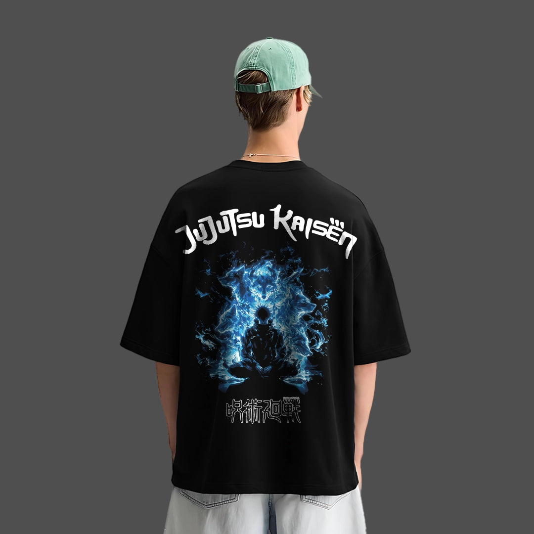 Back view of model wearing Jujutsu Kaisen black oversized t-shirt with blue energy anime print