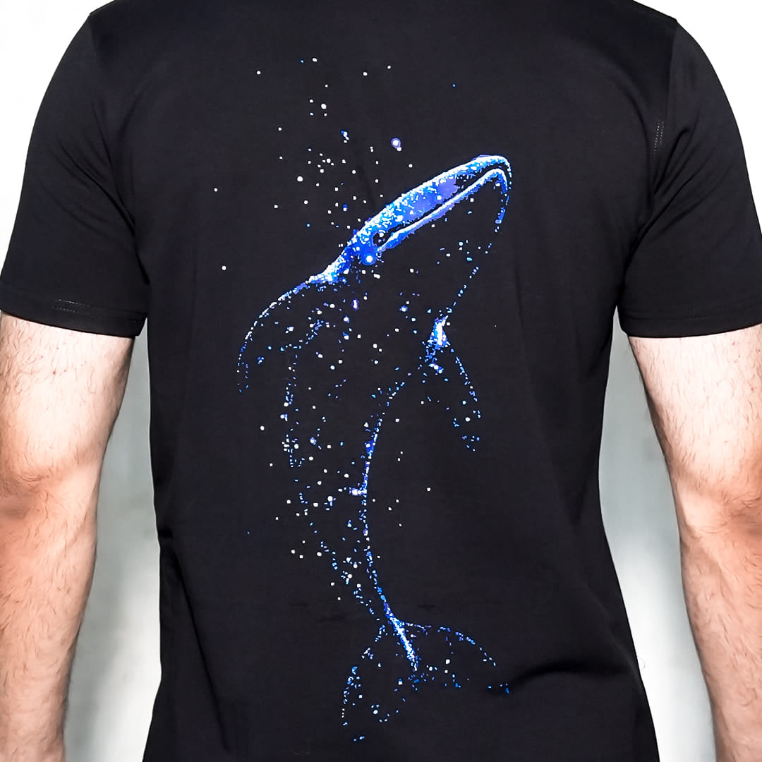 black graphic streetwear t-shirt Vlack regular fit showing blue splash whale graphic on back