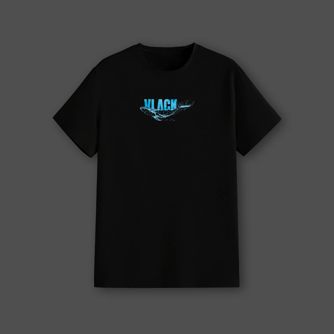 Vlack regular fit black graphic streetwear t-shirt with small blue Vlack logo and wave graphic on chest