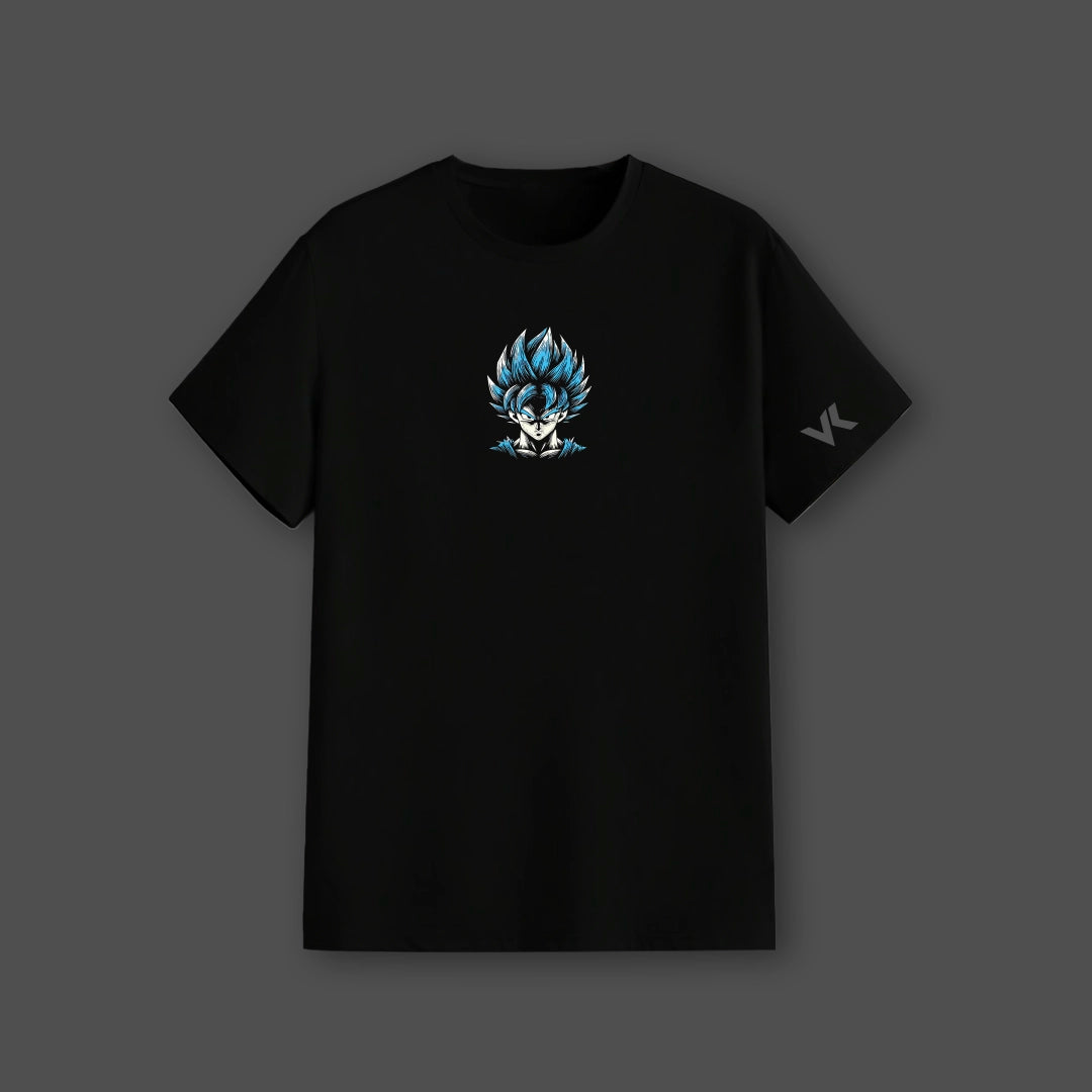 Regular fit Son Goku black t-shirt from Vlack featuring small blue Super Saiyan artwork centered on chest