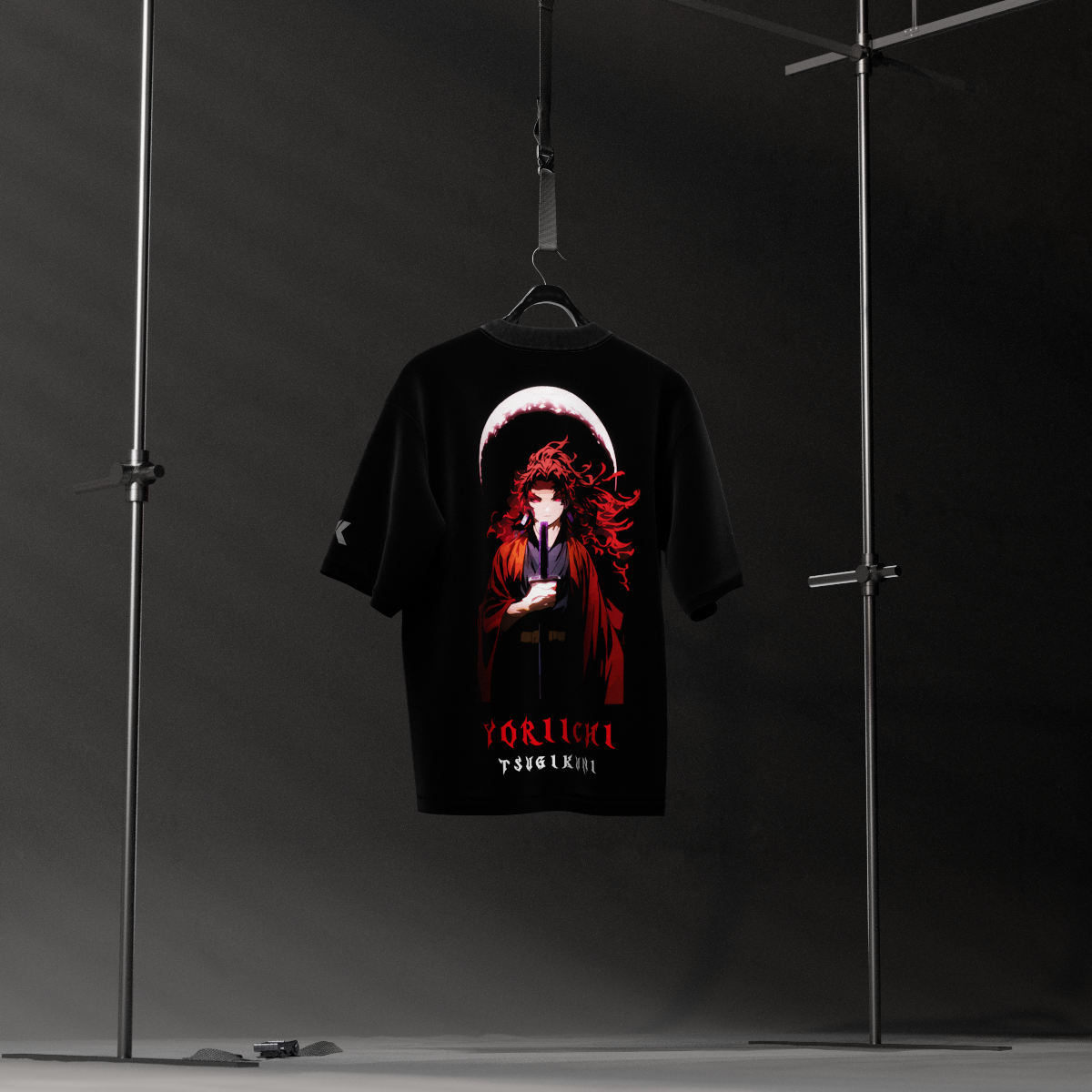 Yoriichi black oversized t-shirt featuring a striking graphic design of a character on the back