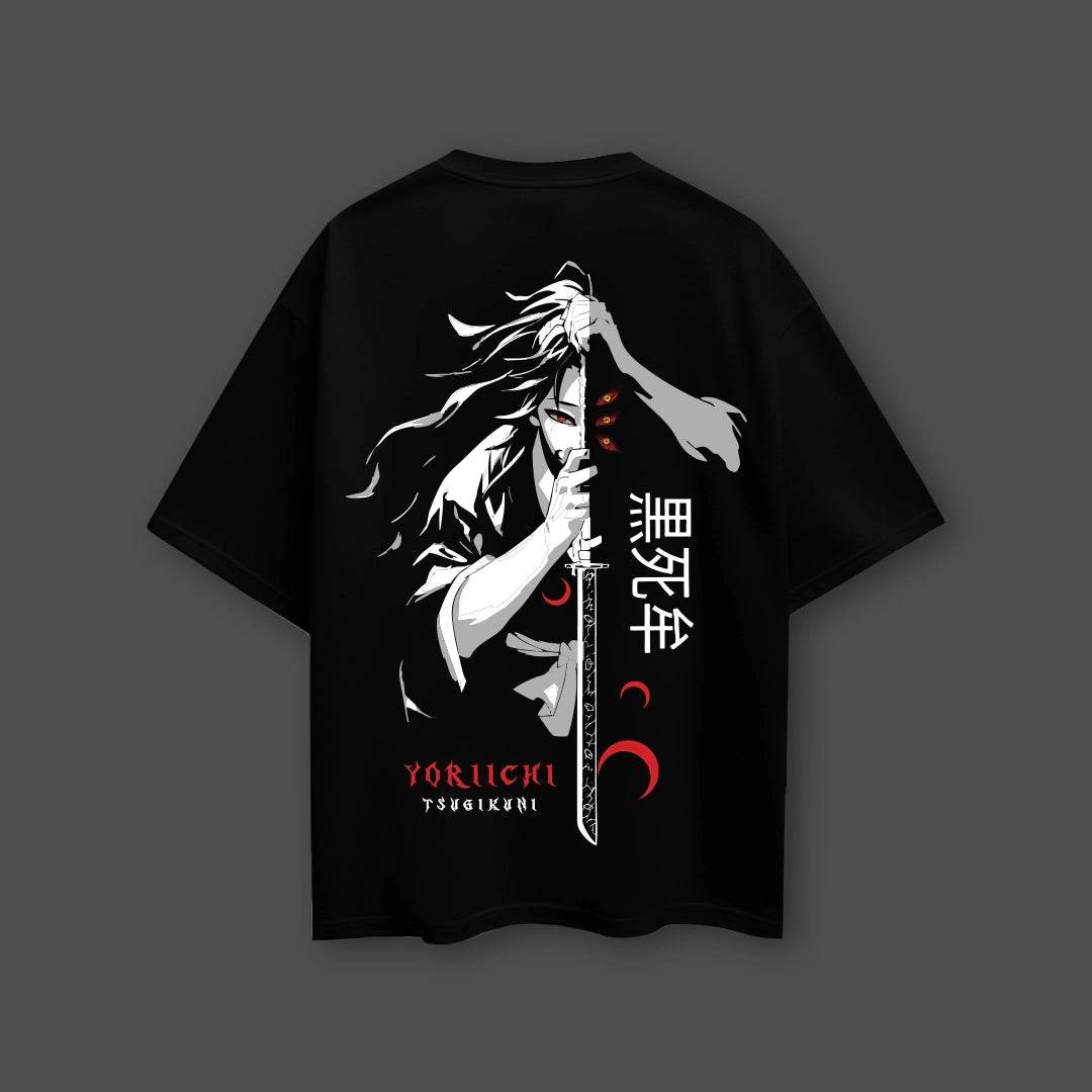 Yoriichi Kokushibo black oversized t-shirt featuring striking graphic design on the back