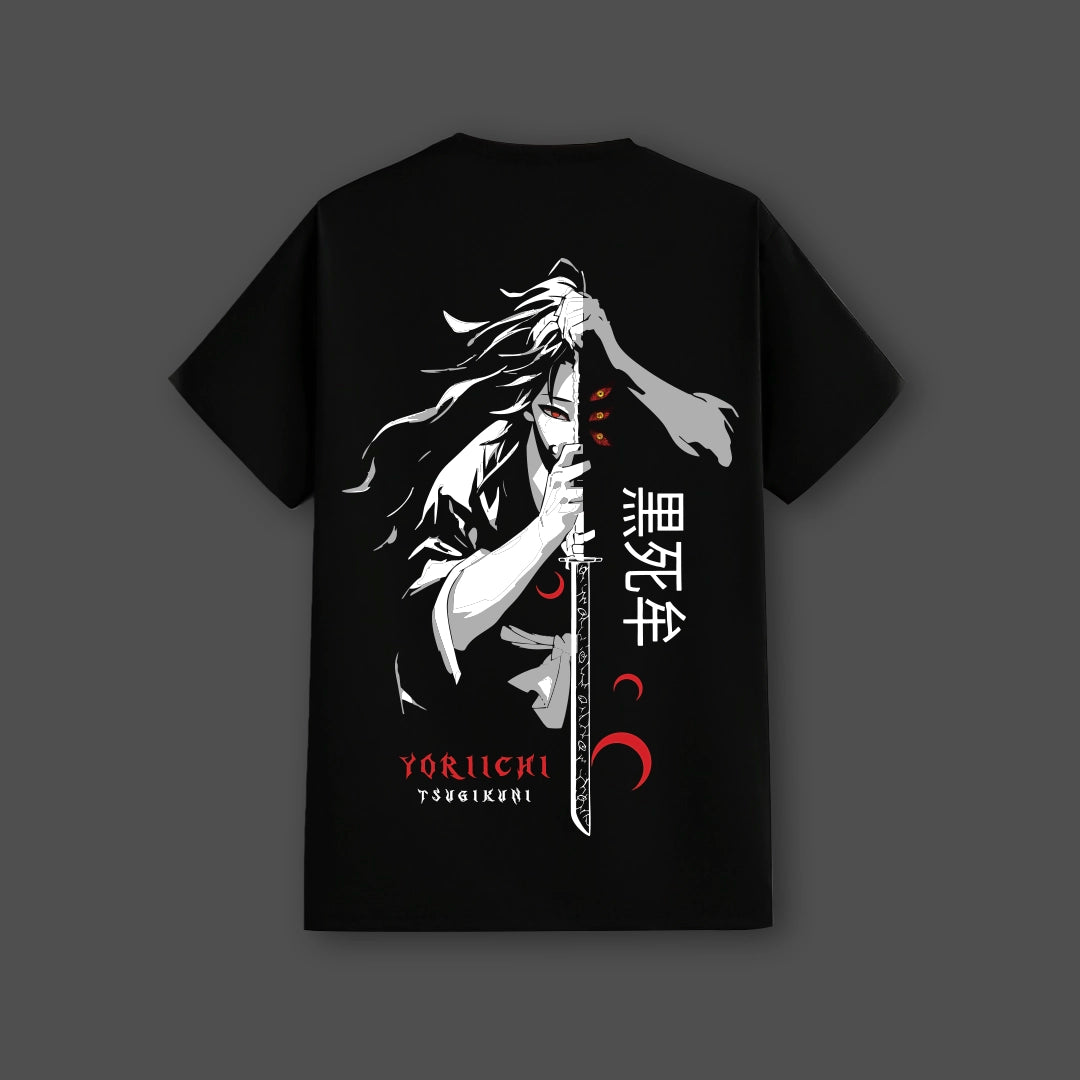Yoriichi Kokushibo black t-shirt featuring anime character design and sword graphic on the back