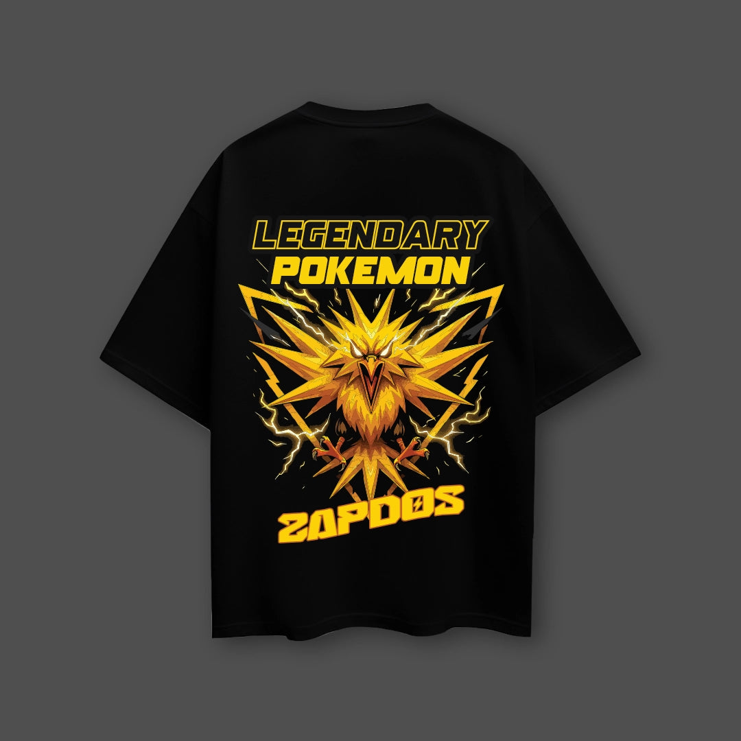 Zapdos oversized black t-shirt featuring a vibrant yellow design and legendary Pokemon graphics