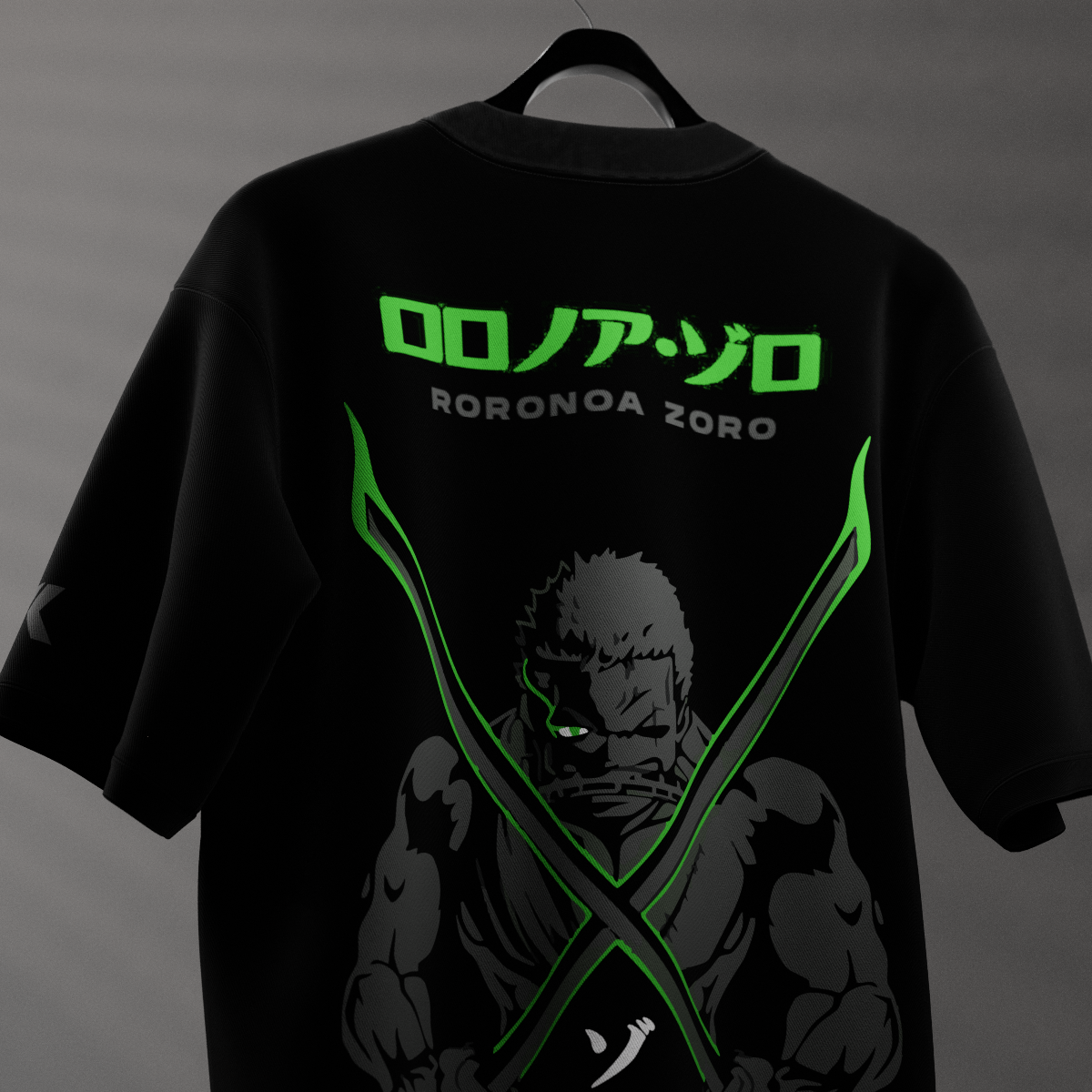 Zoro black t-shirt featuring bold graphics of Roronoa Zoro with green accents on a black background