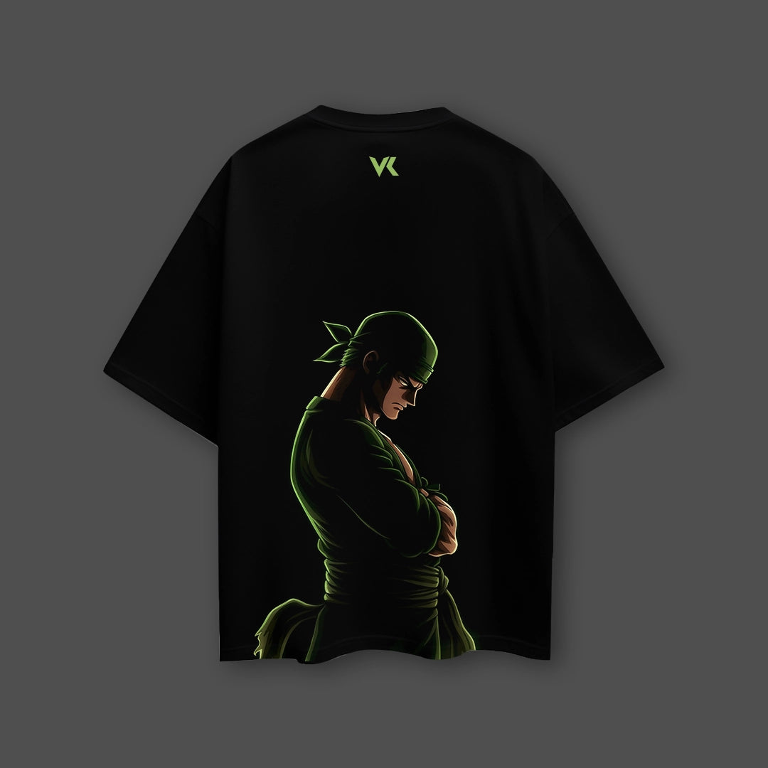 Zoro oversized black t-shirt featuring a vibrant graphic design of Zoro on the back