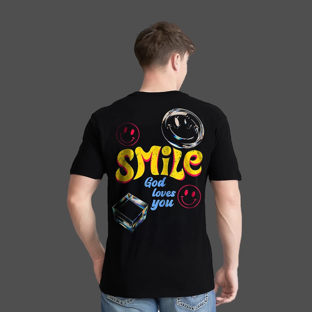 Smile - God Loves You Regular Fit Black T-Shirt