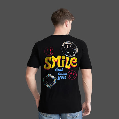Smile - God Loves You Regular Fit Black T-Shirt