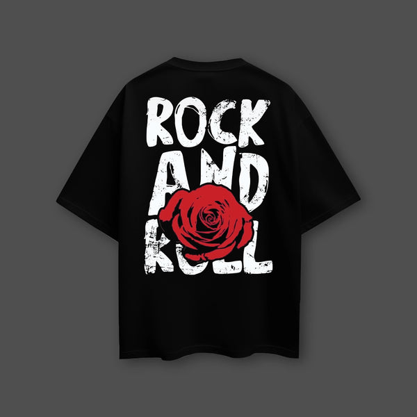 Rock And Roll - Front Puff Print - Black Oversize T-Shirt
