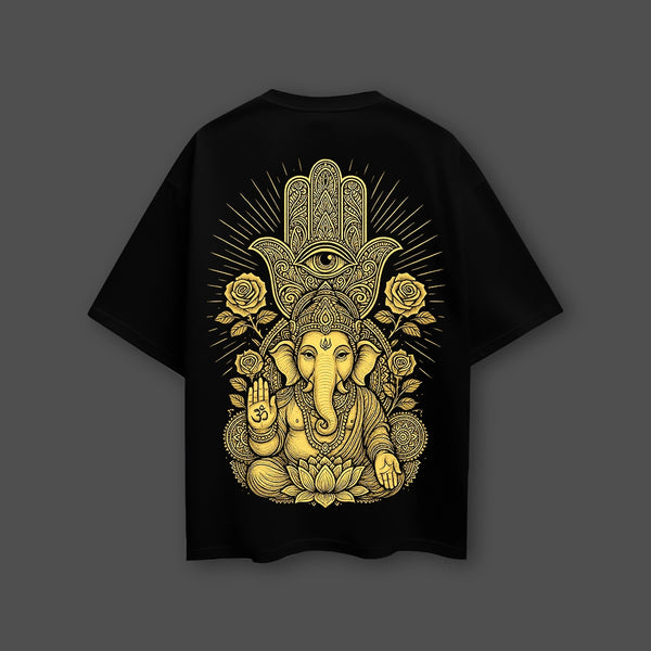 Golden Ganesh Ji Mandala Oversized Fit Black T-Shirt