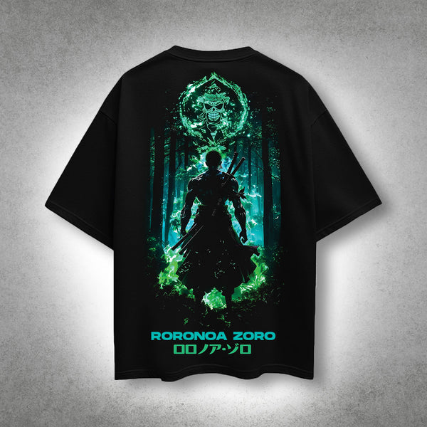 Vlack - Roronoa Zoro - Green Flame Discipline - Black Oversize Fit T-Shirt