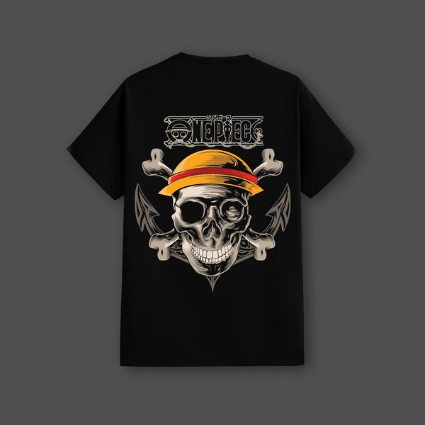 Straw Hat Skull Front HD Print Regular Fit Black T-Shirt