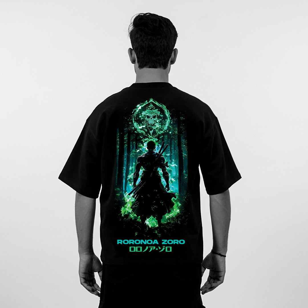 Vlack - Roronoa Zoro - Green Flame Discipline - Black Oversize Fit T-Shirt