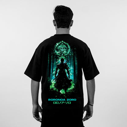 Vlack - Roronoa Zoro - Green Flame Discipline - Black Oversize Fit T-Shirt