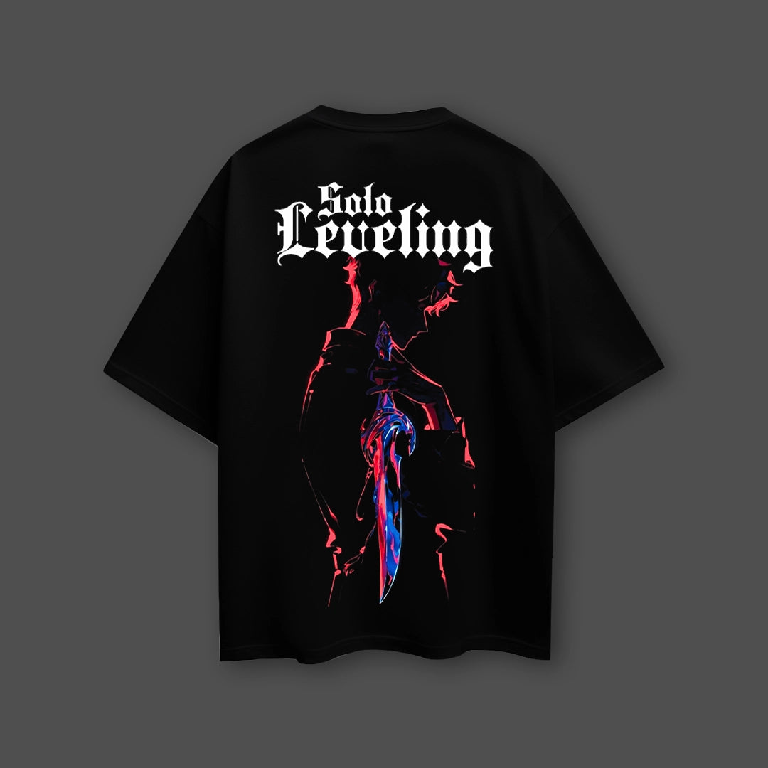 Solo Leveling - Front Puff Print Black Oversize Fit Tshirt