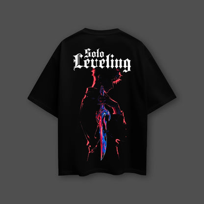 Solo Leveling - Front Puff Print Black Oversize Fit Tshirt