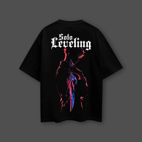 Solo Leveling - Front Puff Print Black Oversize Fit Tshirt