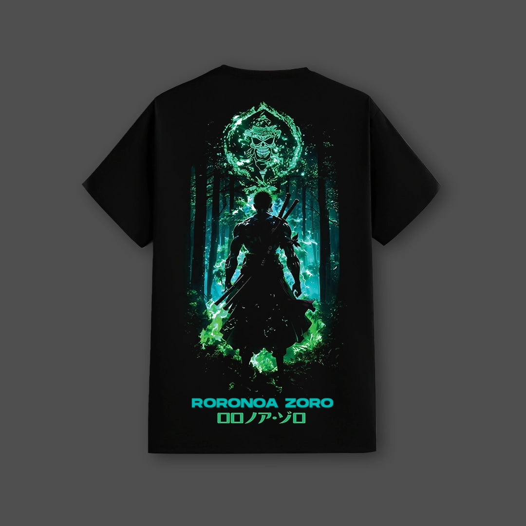 Roronoa Zoro - Green Flame Discipline - Black Regular Fit T-Shirt
