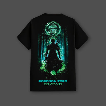 Roronoa Zoro - Green Flame Discipline - Black Regular Fit T-Shirt