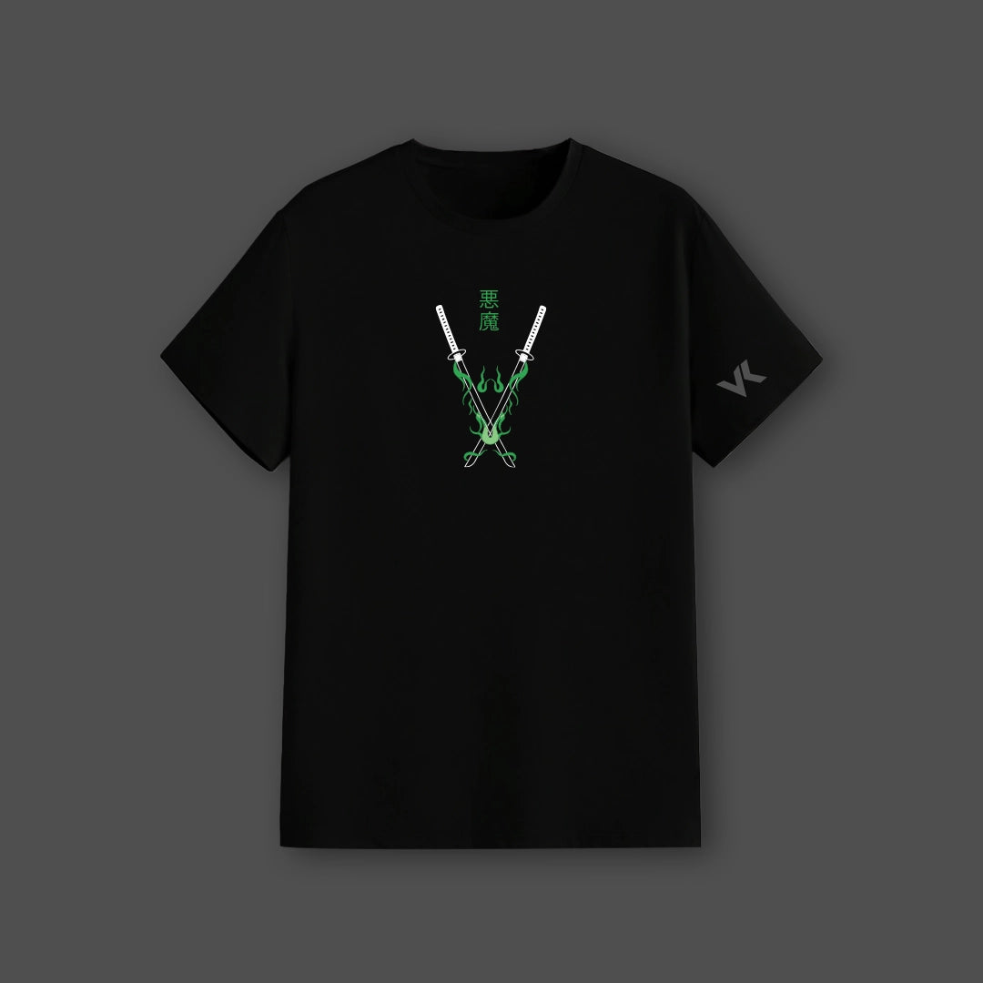 Roronoa Zoro - Green Flame Discipline - Black Regular Fit T-Shirt