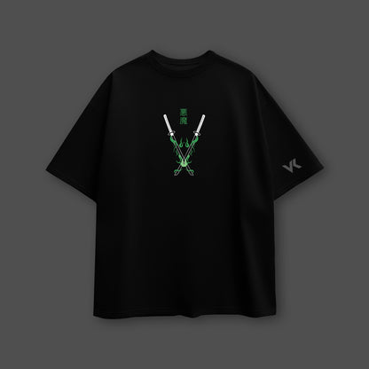 Roronoa Zoro - Green Flame Discipline - Black Oversize Fit T-Shirt