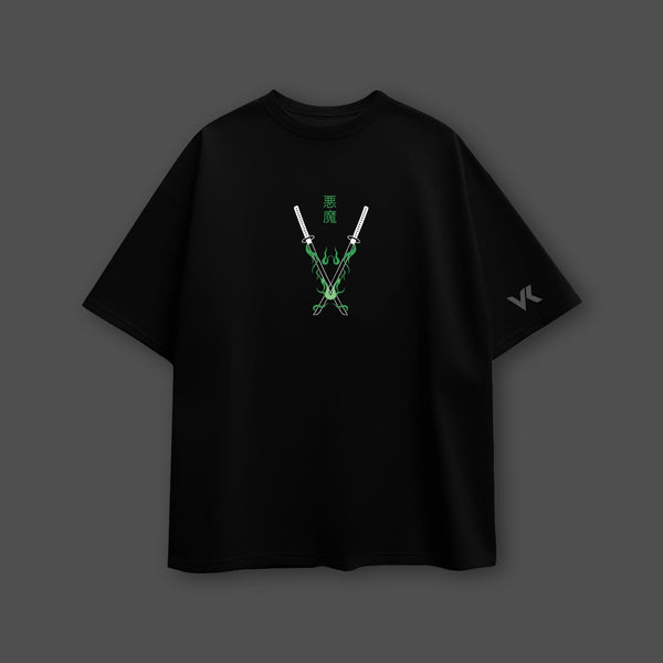 Roronoa Zoro - Green Flame Discipline - Black Oversize Fit T-Shirt - 2