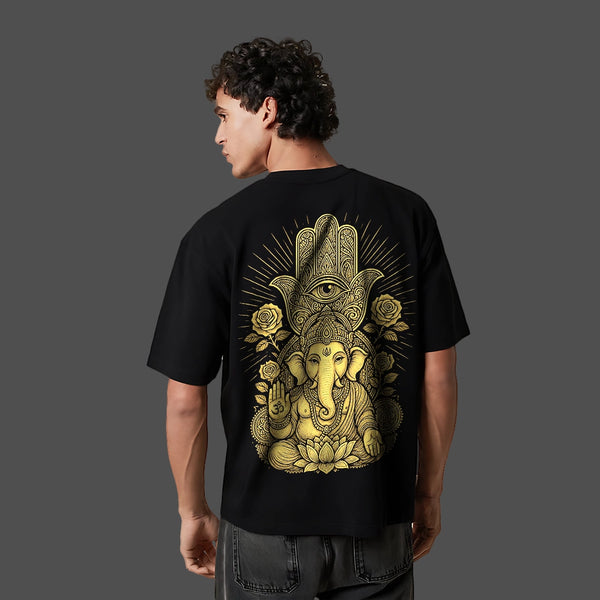 Golden Ganesh Ji Mandala Oversized Fit Black T-Shirt