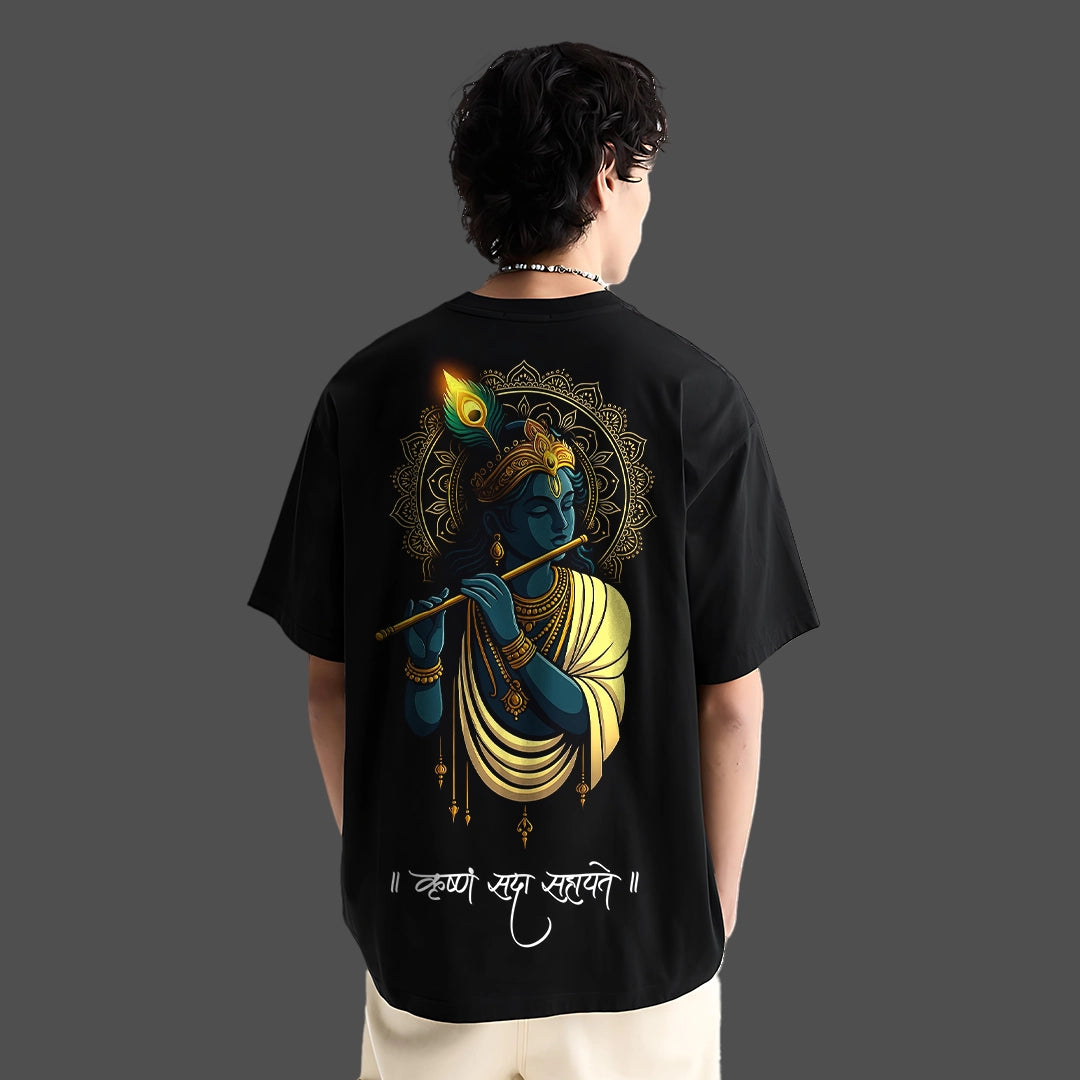 Krishna Ji Flute Oversized Fit Black T-Shirt