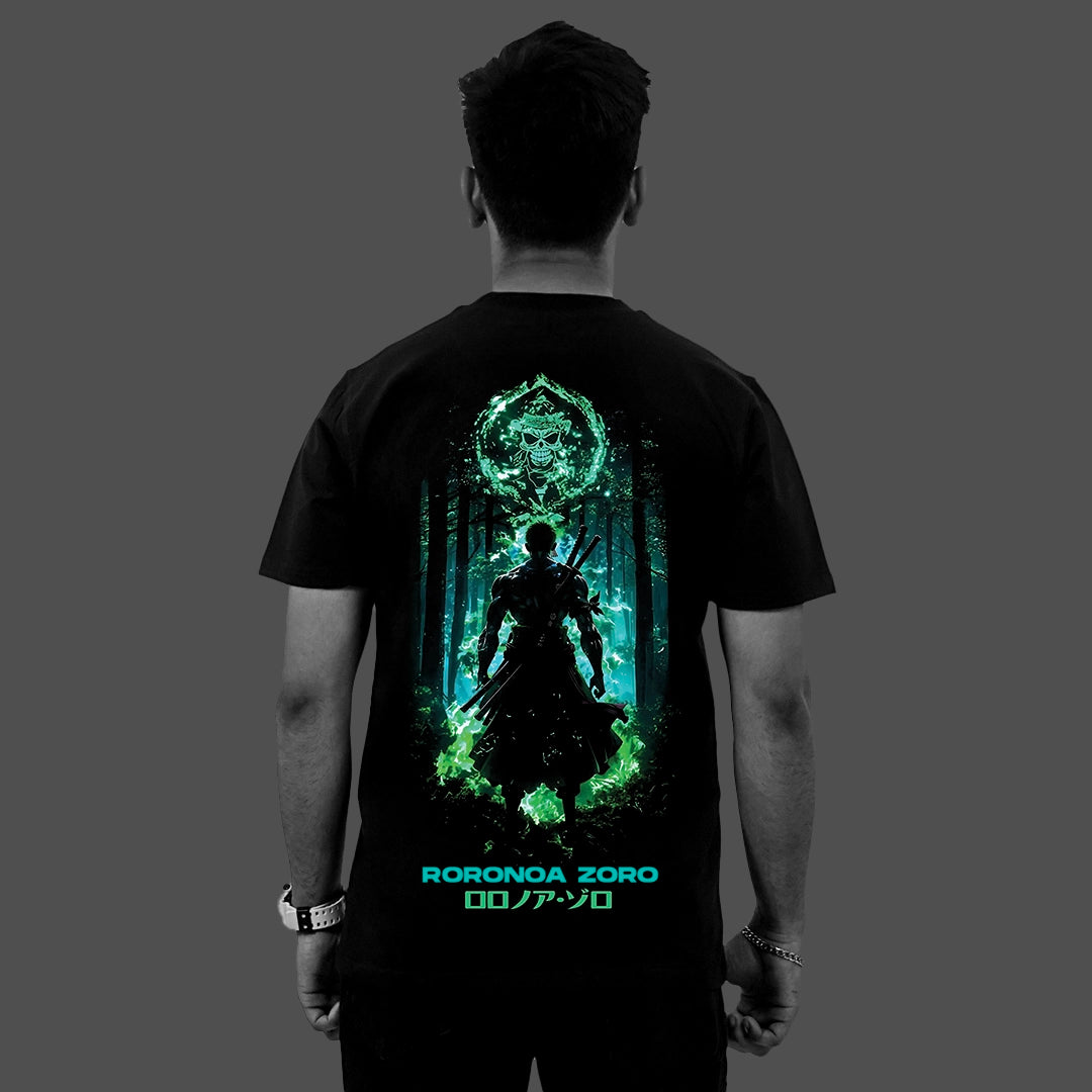 Roronoa Zoro - Green Flame Discipline - Black Regular Fit T-Shirt