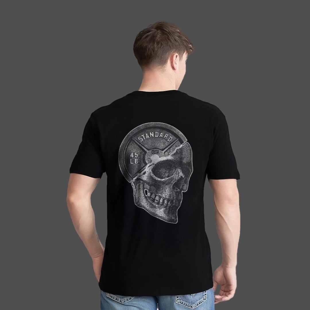 Vlack Skull x 45 LB Plate Front HD Print Black Regular Fit Tshirt
