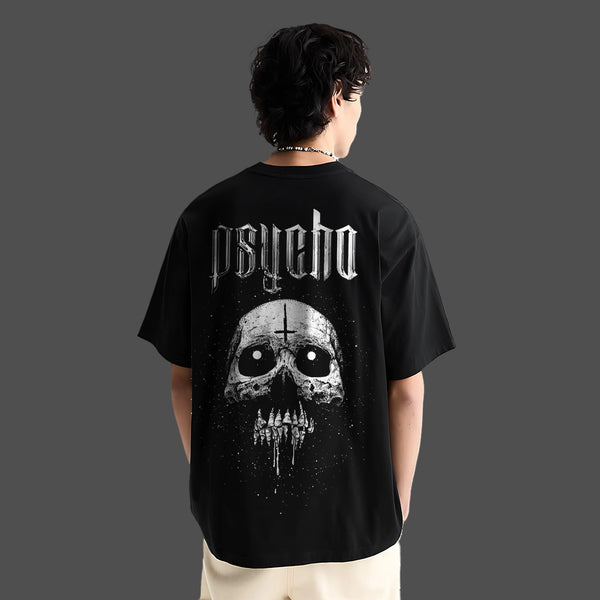 Psycho Skull - Front HD Print - Black Oversize Fit T-Shirt