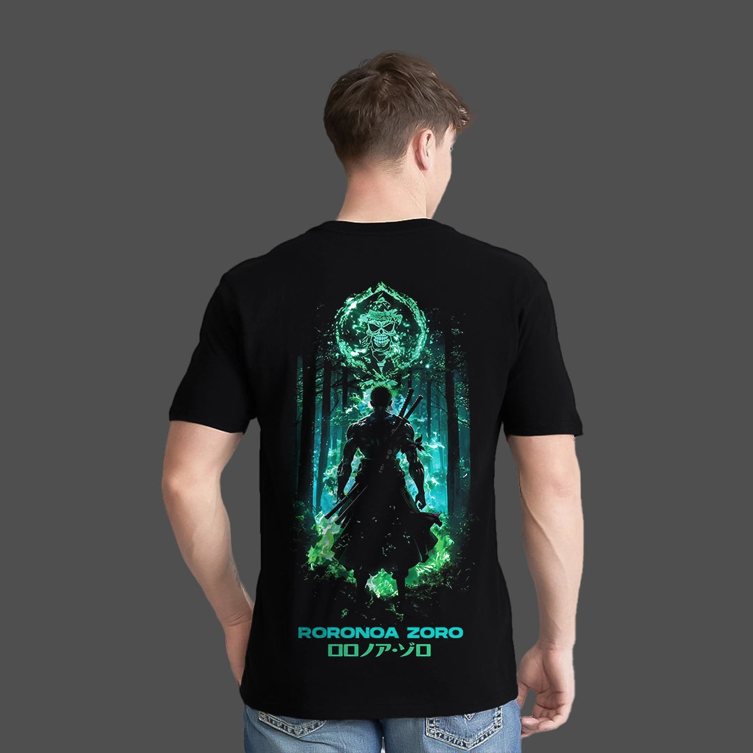 Roronoa Zoro - Green Flame Discipline - Black Regular Fit T-Shirt