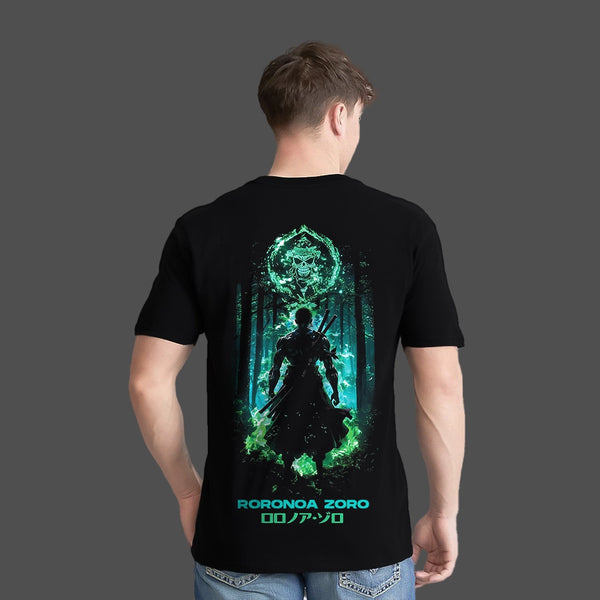 Roronoa Zoro - Green Flame Discipline - Black Regular Fit T-Shirt