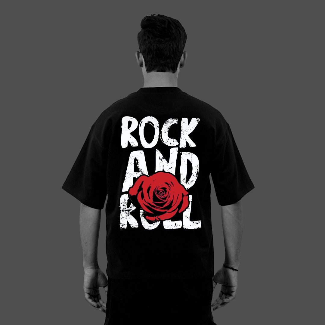 Rock And Roll - Front Puff Print - Black Oversize T-Shirt