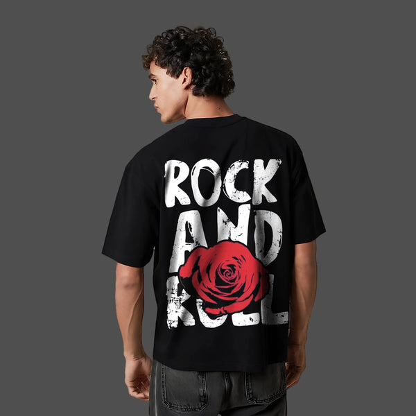 Rock And Roll - Front Puff Print - Black Oversize T-Shirt