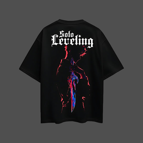 Solo Leveling - Front Puff Print Black Oversize Fit Tshirt