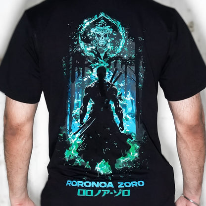 Regular fit Vlack Black Roronoa Zoro black t-shirt with glowing green blue samurai silhouette and three swords on back