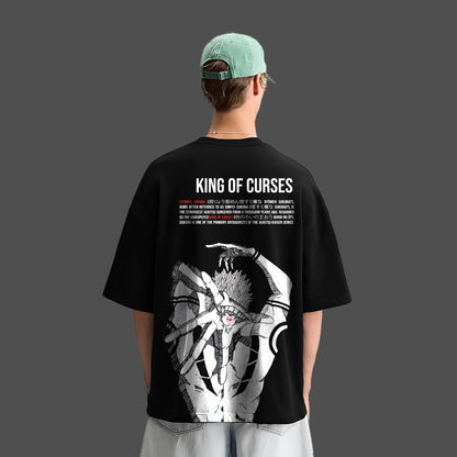 Model wearing Vlack black Jujutsu Kaisen Sukuna oversized t-shirt showing King of Curses back graphic and relaxed fit