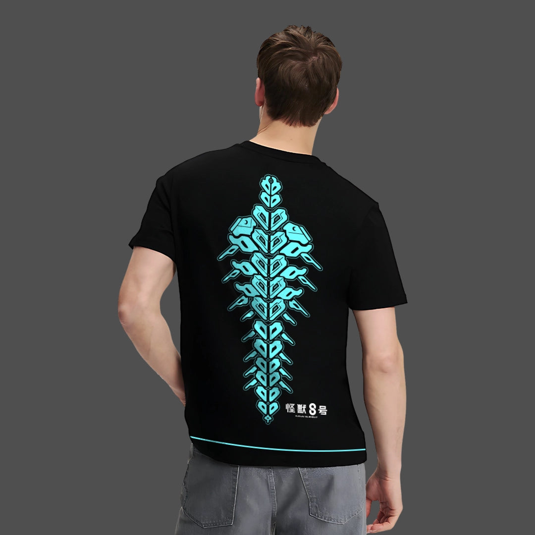 Back view of model wearing Kaiju No.8 black t-shirt Vlack regular fit with teal spine graphic