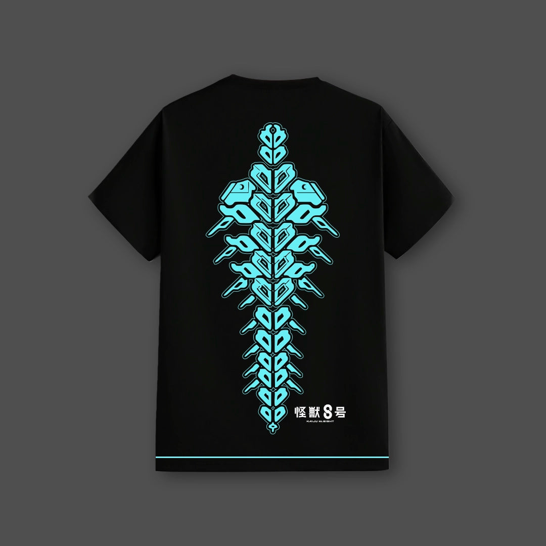 Kaiju No.8 black t-shirt regular fit Vlack back view with neon blue stylized spine design and small Japanese logo