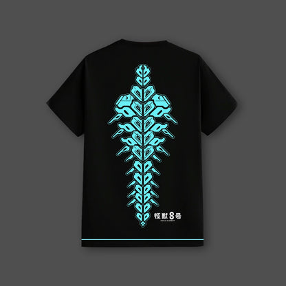 Kaiju No.8 black t-shirt regular fit Vlack back view with neon blue stylized spine design and small Japanese logo