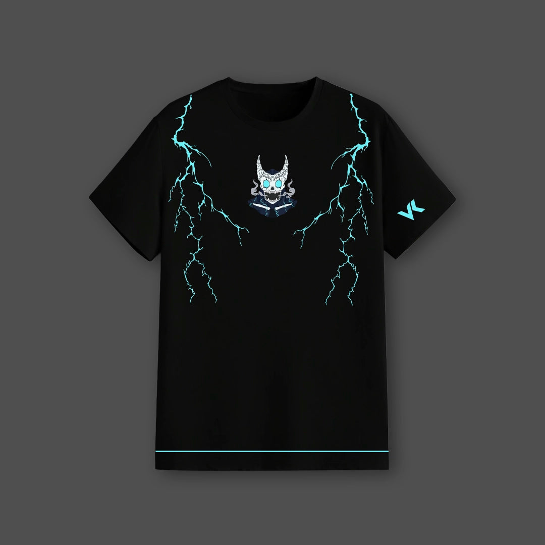 Kaiju No.8 black t-shirt Vlack regular fit with blue lightning design and monster mask logo on chest