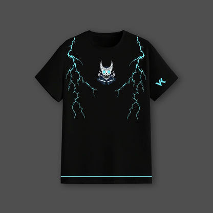Kaiju No.8 black t-shirt Vlack regular fit with blue lightning design and monster mask logo on chest